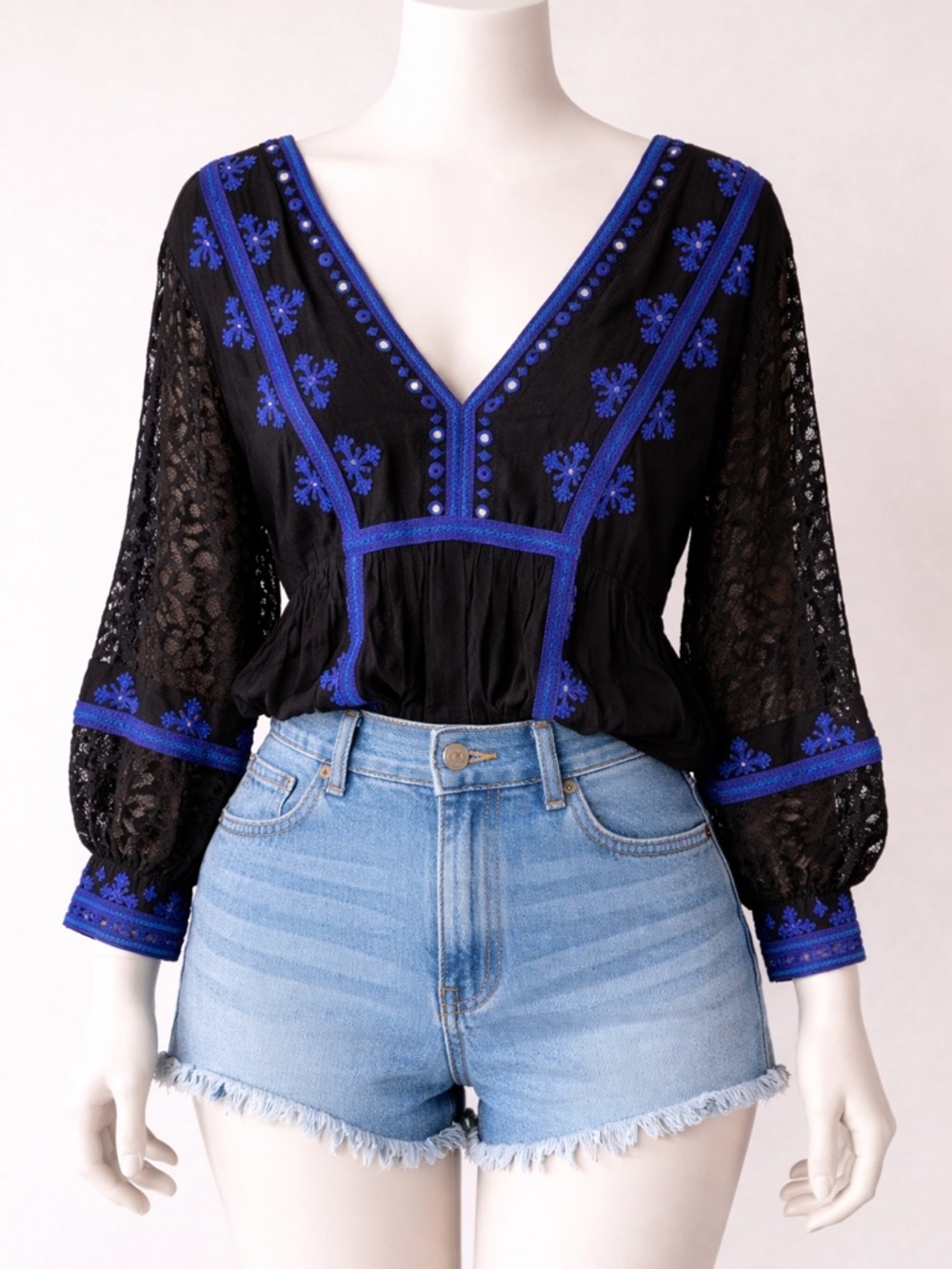 Free People Boogie All Night Embroidered Black and Blue Women's Top Lace Sleeves
